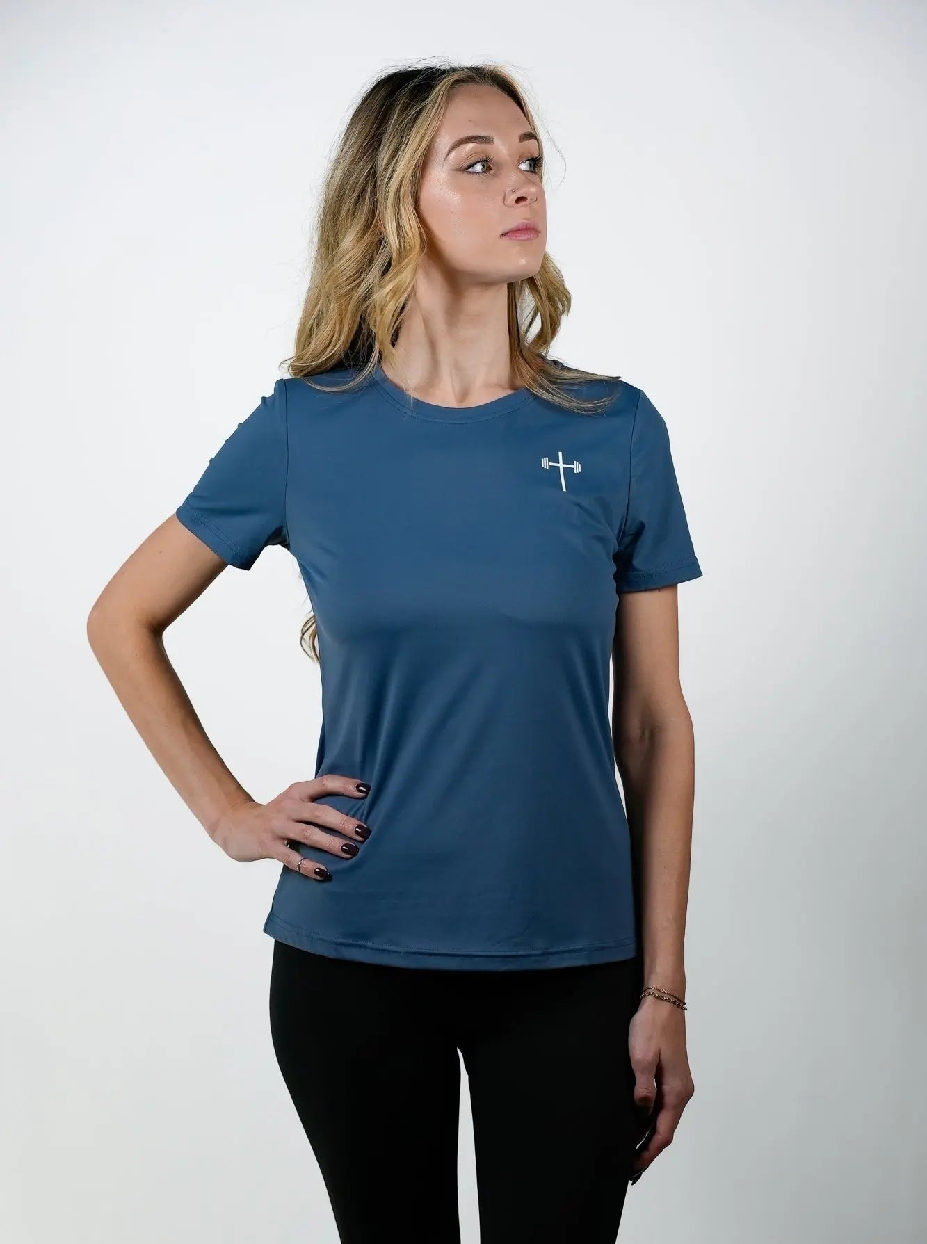 Women's Proverbs 31:25 Performance Tee - Blue HolStrength