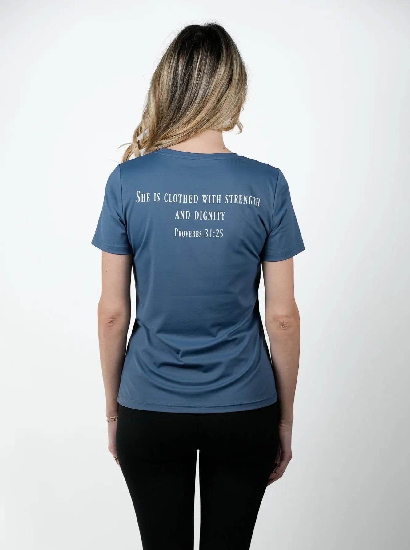 Women's Proverbs 31:25 Performance Tee - Blue HolStrength